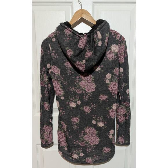 Ultra Flirt Large Gray Lightweight Sherpa Lined Hoodie Pink Floral Tunic To, L - Picture 5 of 9